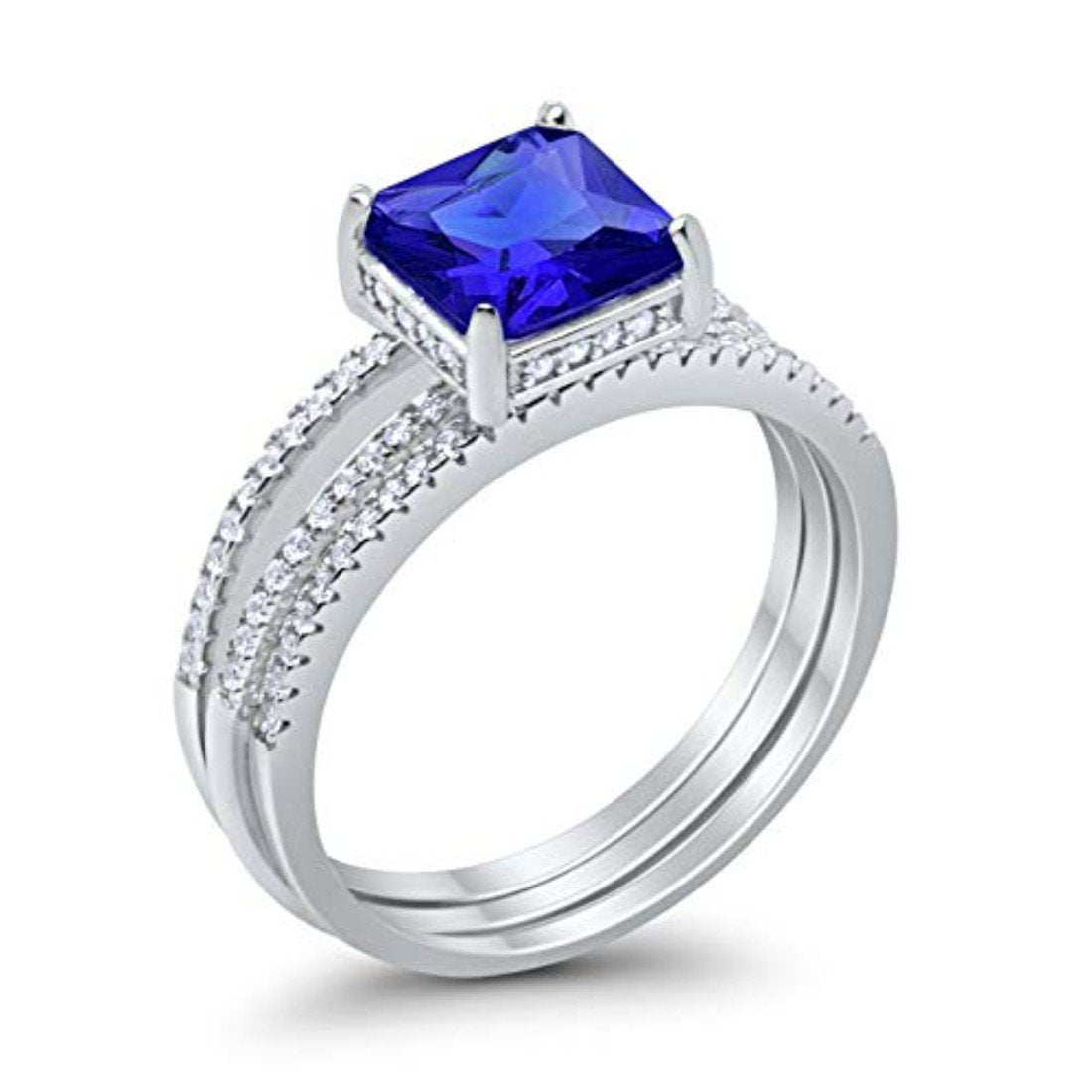 Princess Cut Wedding 3 Piece Ring Simulated Blue Sapphire CZ