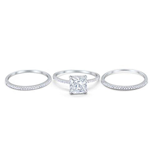 Princess Cut Wedding 3 Piece Ring Simulated Cubic Zirconia