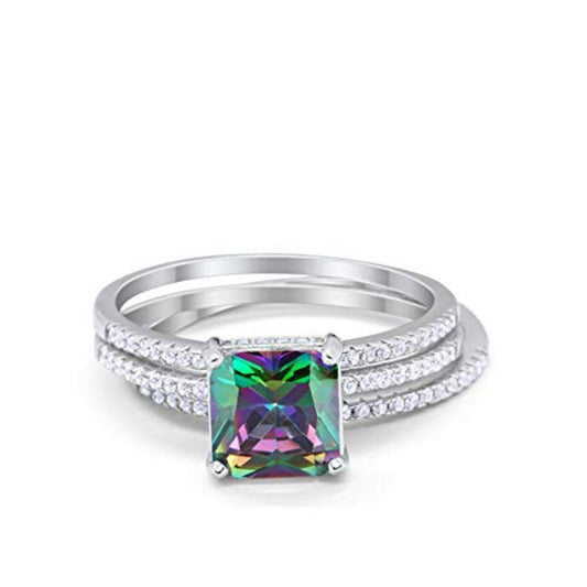 Princess Cut Wedding 3 Piece Ring Simulated Rainbow CZ