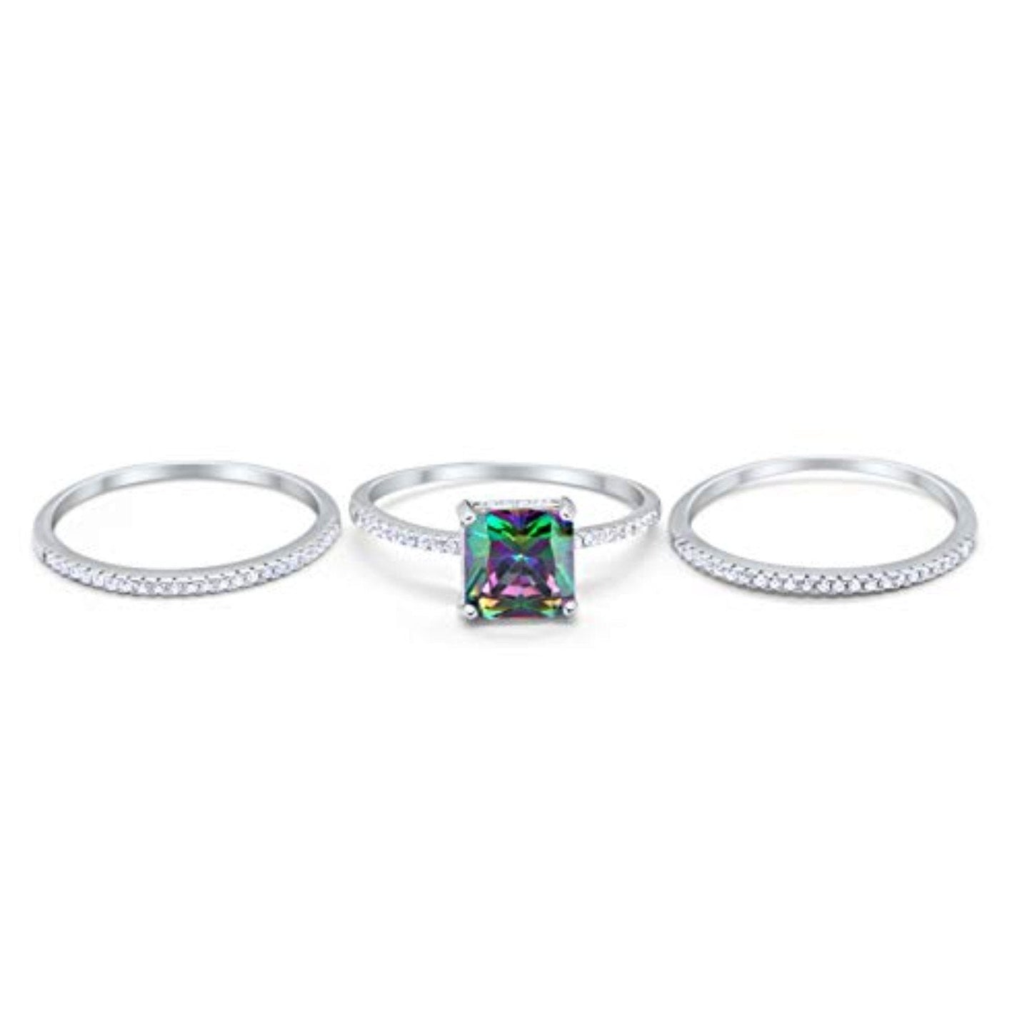 Princess Cut Wedding 3 Piece Ring Simulated Rainbow CZ