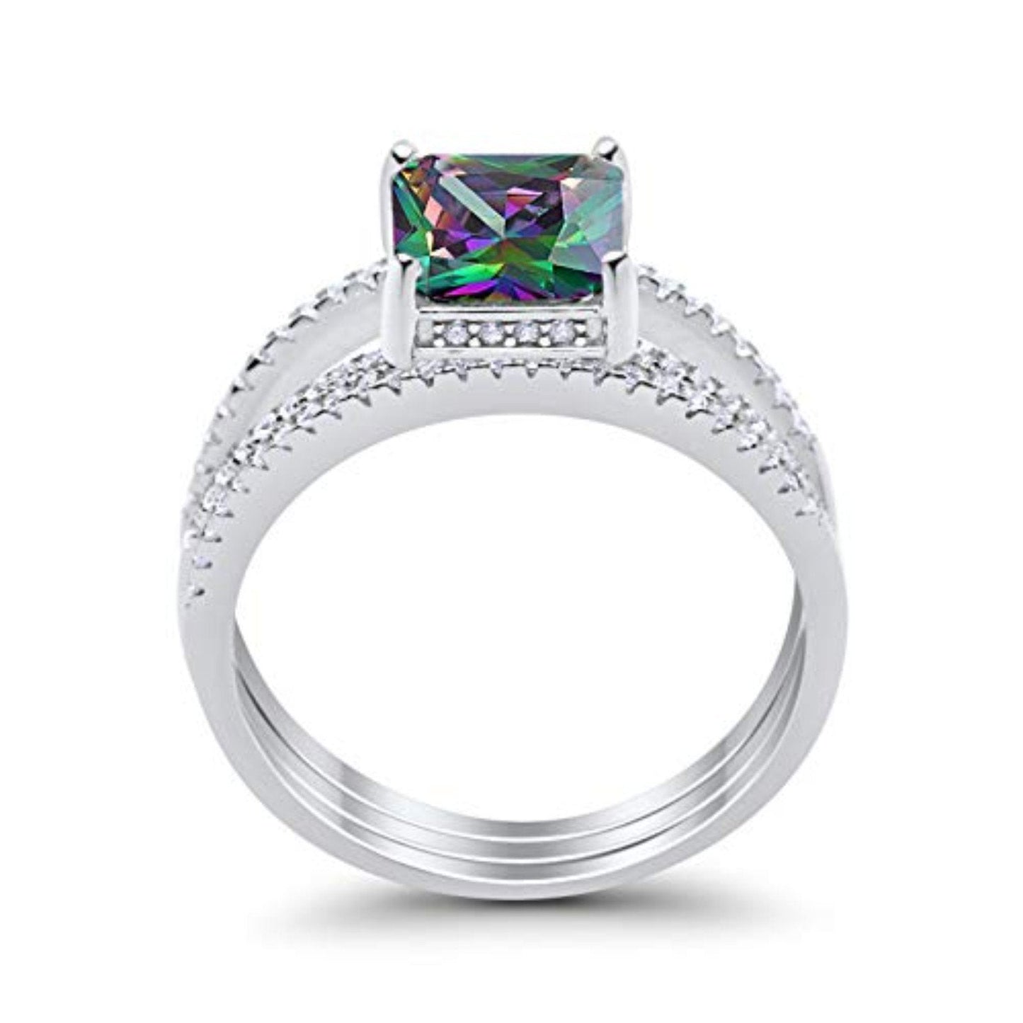 Princess Cut Wedding 3 Piece Ring Simulated Rainbow CZ