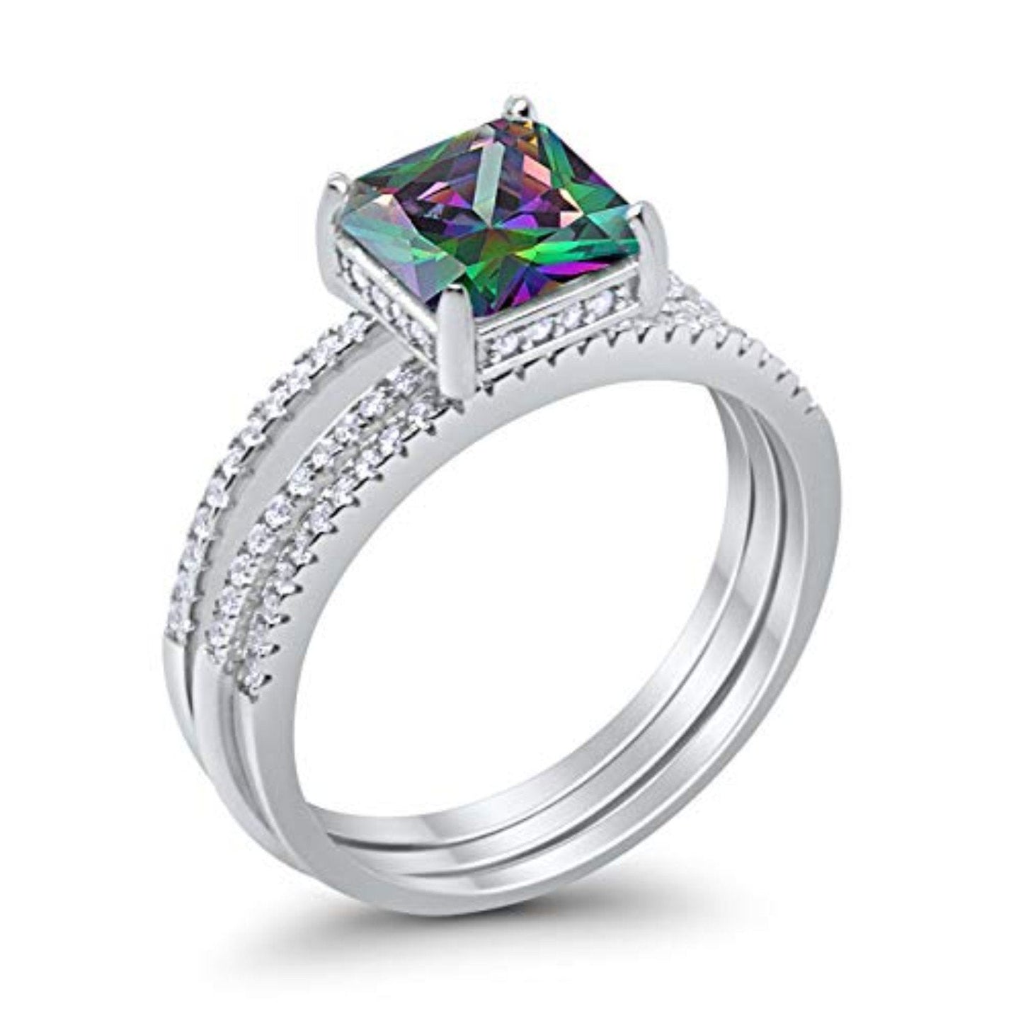 Princess Cut Wedding 3 Piece Ring Simulated Rainbow CZ