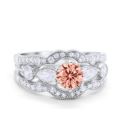 Three Piece Wedding Promise Simulated Morganite CZ Ring