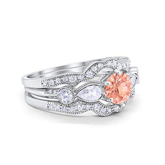 Three Piece Wedding Promise Simulated Morganite CZ Ring