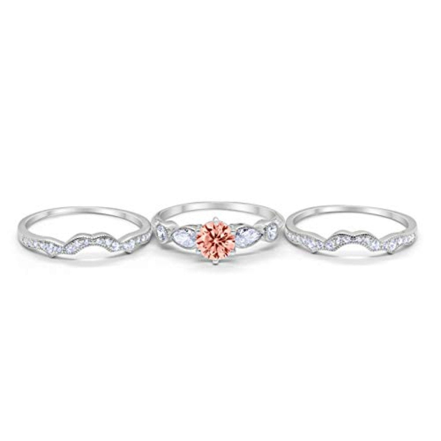 Three Piece Wedding Promise Simulated Morganite CZ Ring