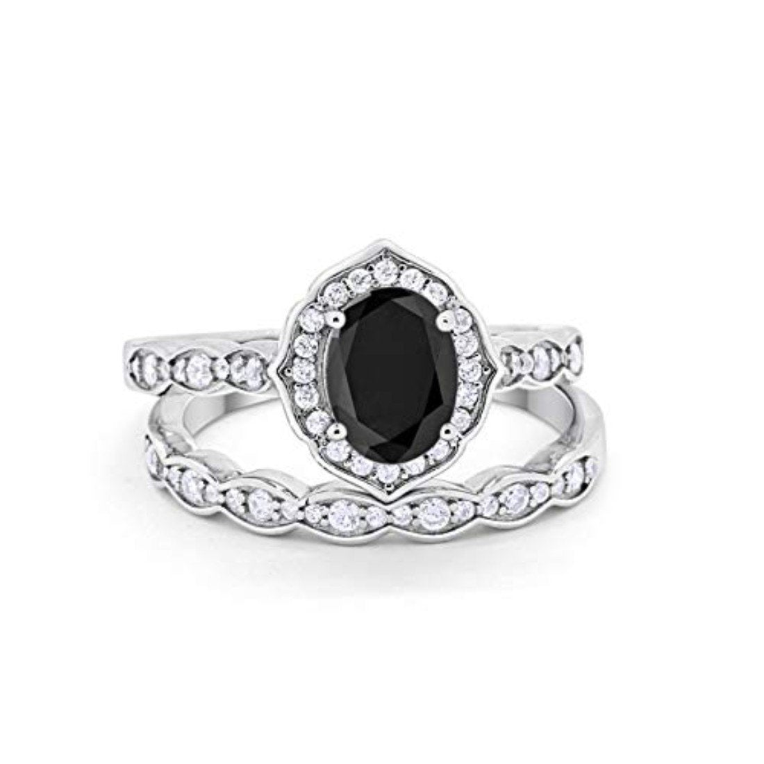 Two Piece Oval Art Deco Wedding  Simulated Black CZ Ring