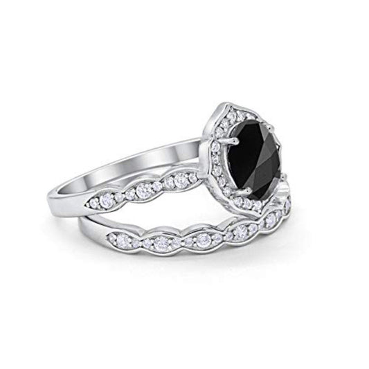 Two Piece Oval Art Deco Wedding  Simulated Black CZ Ring