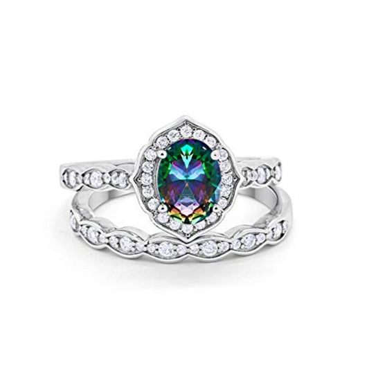 Two Piece Oval Art Deco Wedding  Simulated Rainbow CZ Ring