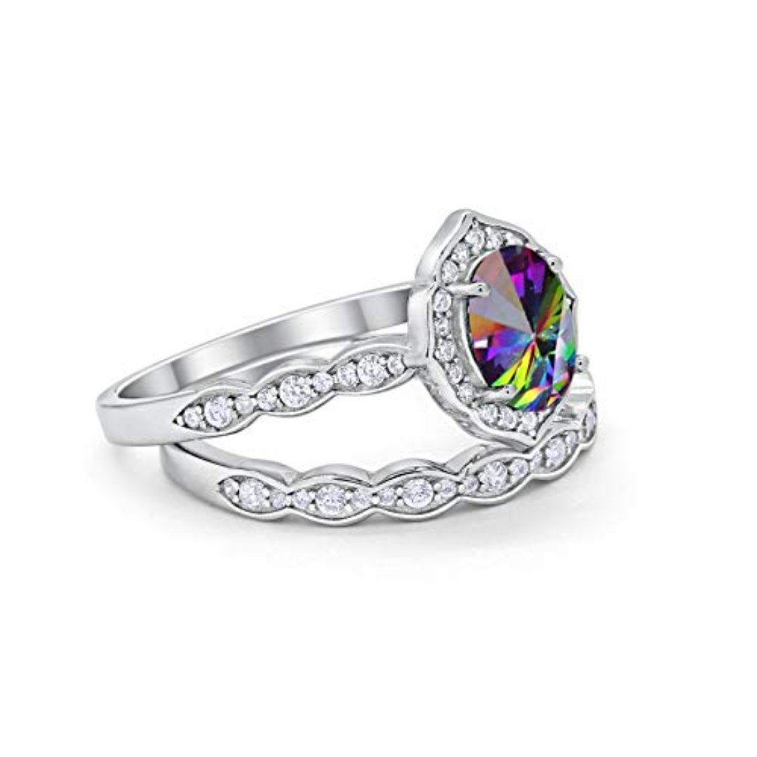 Two Piece Oval Art Deco Wedding  Simulated Rainbow CZ Ring