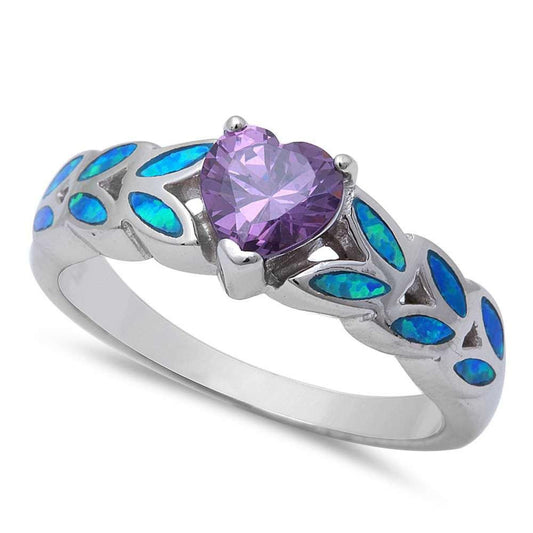 Heart Shape Amethyst CZ Lab Blue Opal Ring