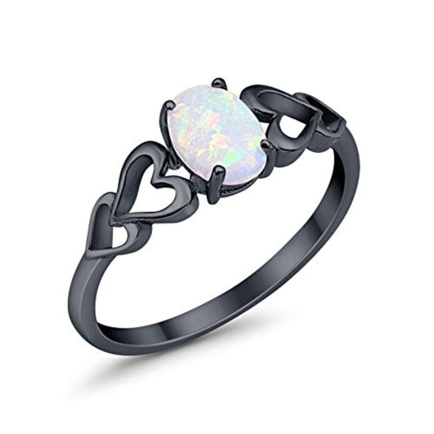 Solitaire Ring Oval Black Tone, Lab Created White Opal Accent