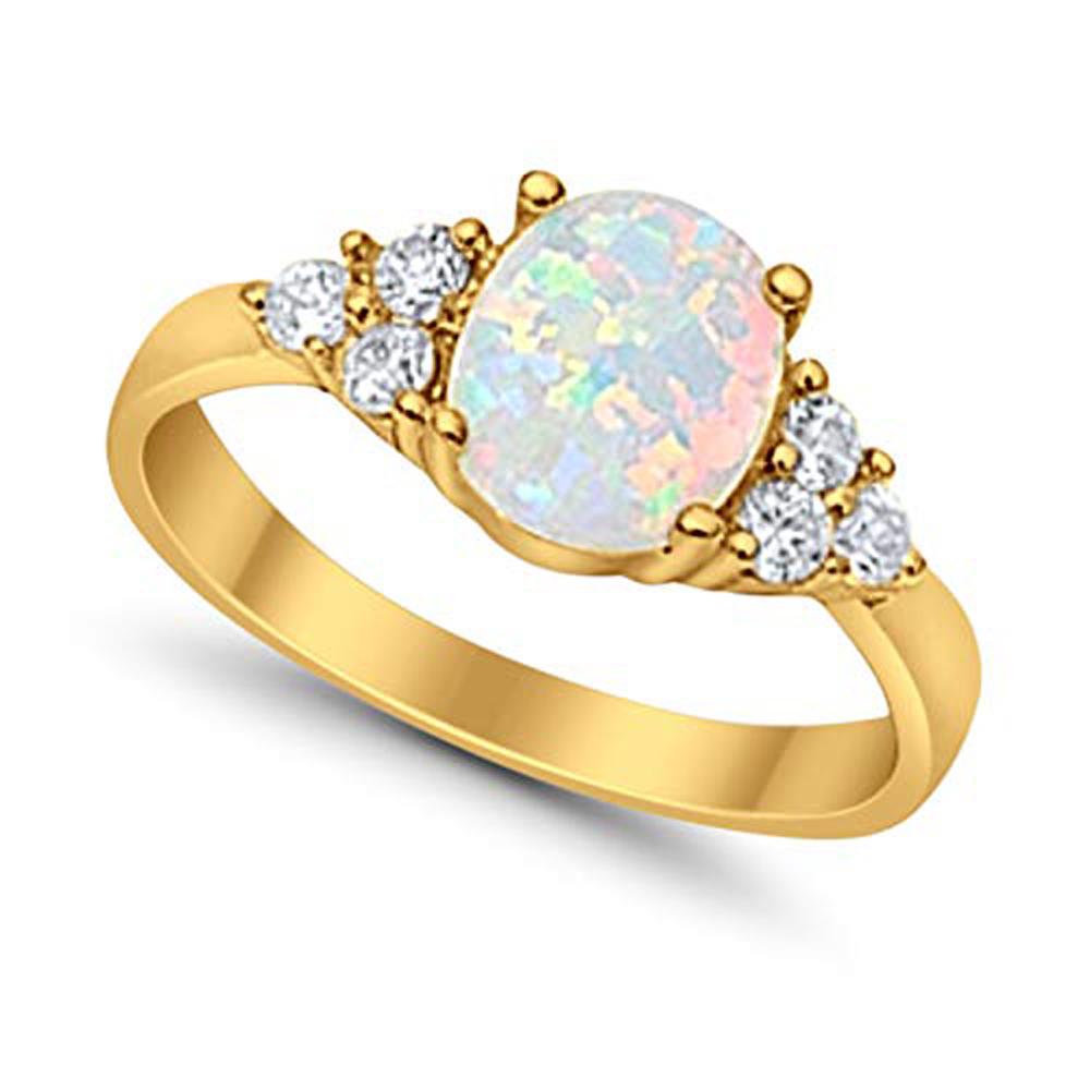 Accent Oval Yellow Tone, Lab Created White Opal Wedding Ring