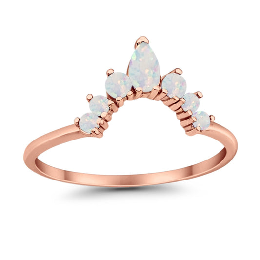 Curved Band Thumb Ring Pear Rose Tone, Lab Created White Opal Round