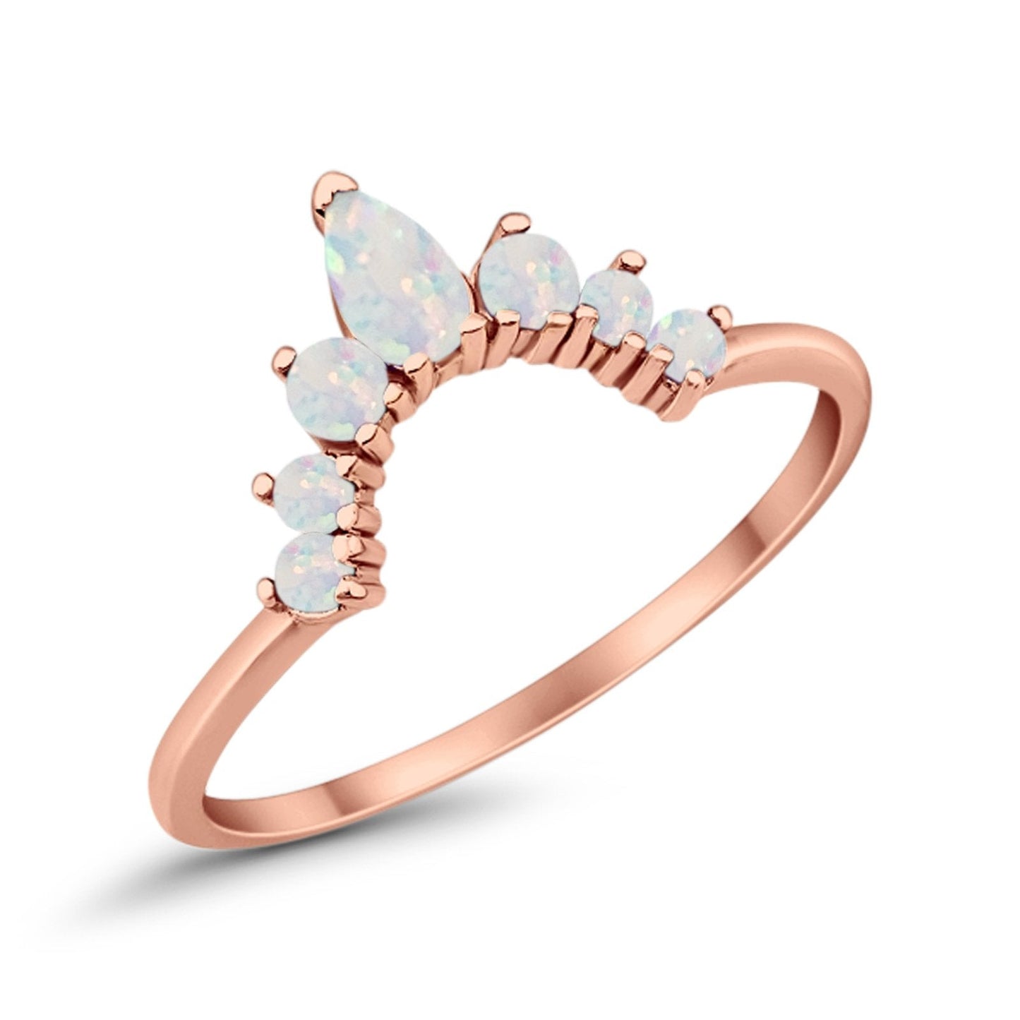 Curved Band Thumb Ring Pear Rose Tone, Lab Created White Opal Round