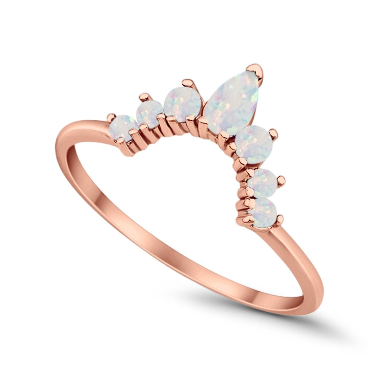 Curved Band Thumb Ring Pear Rose Tone, Lab Created White Opal Round