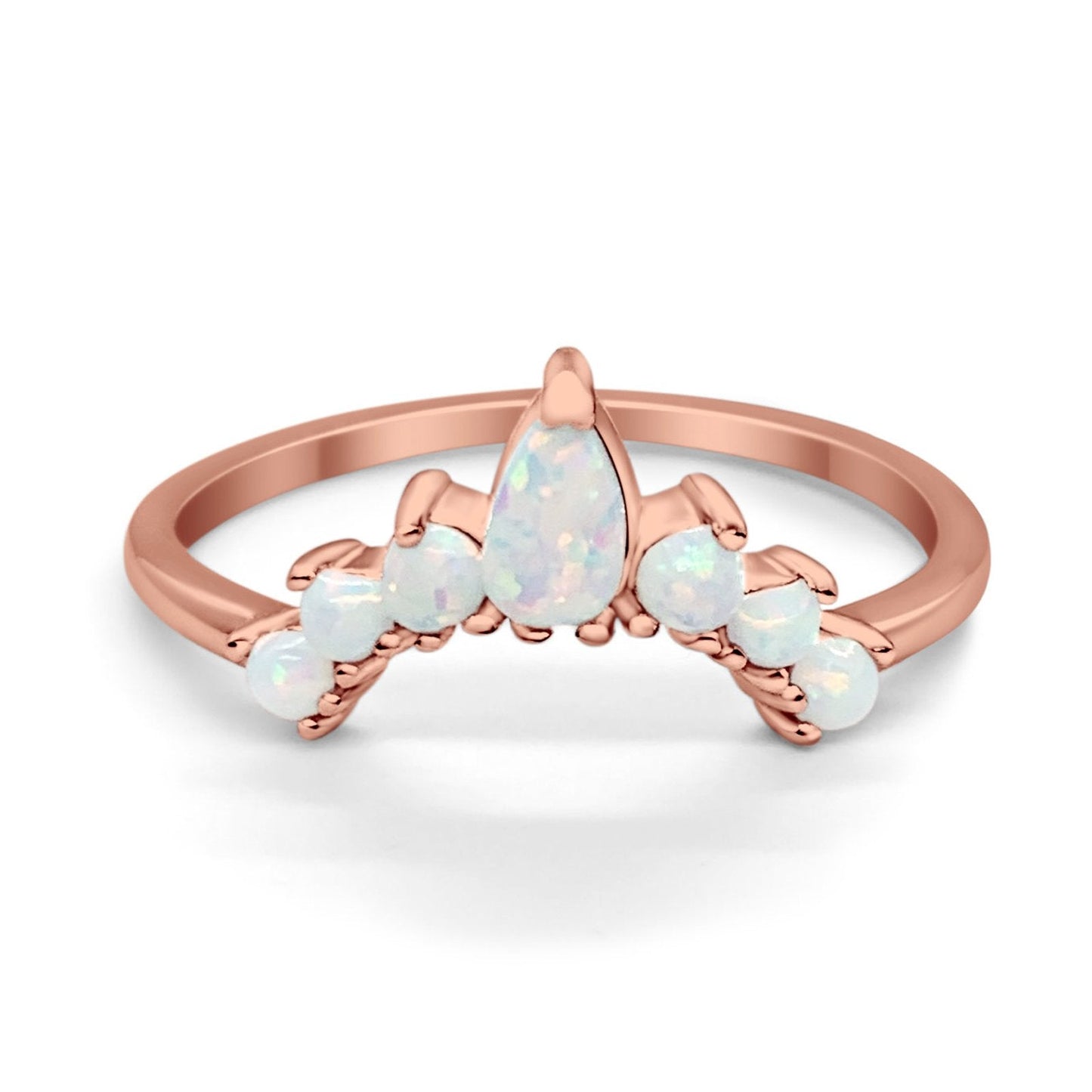 Curved Band Thumb Ring Pear Rose Tone, Lab Created White Opal Round