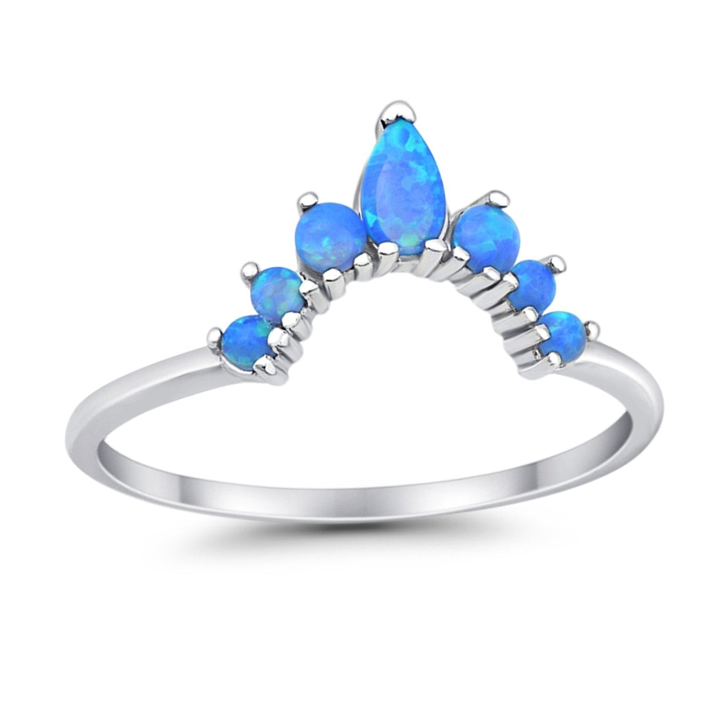 Curved Band Pear Lab Created Blue Opal Round Thumb Ring