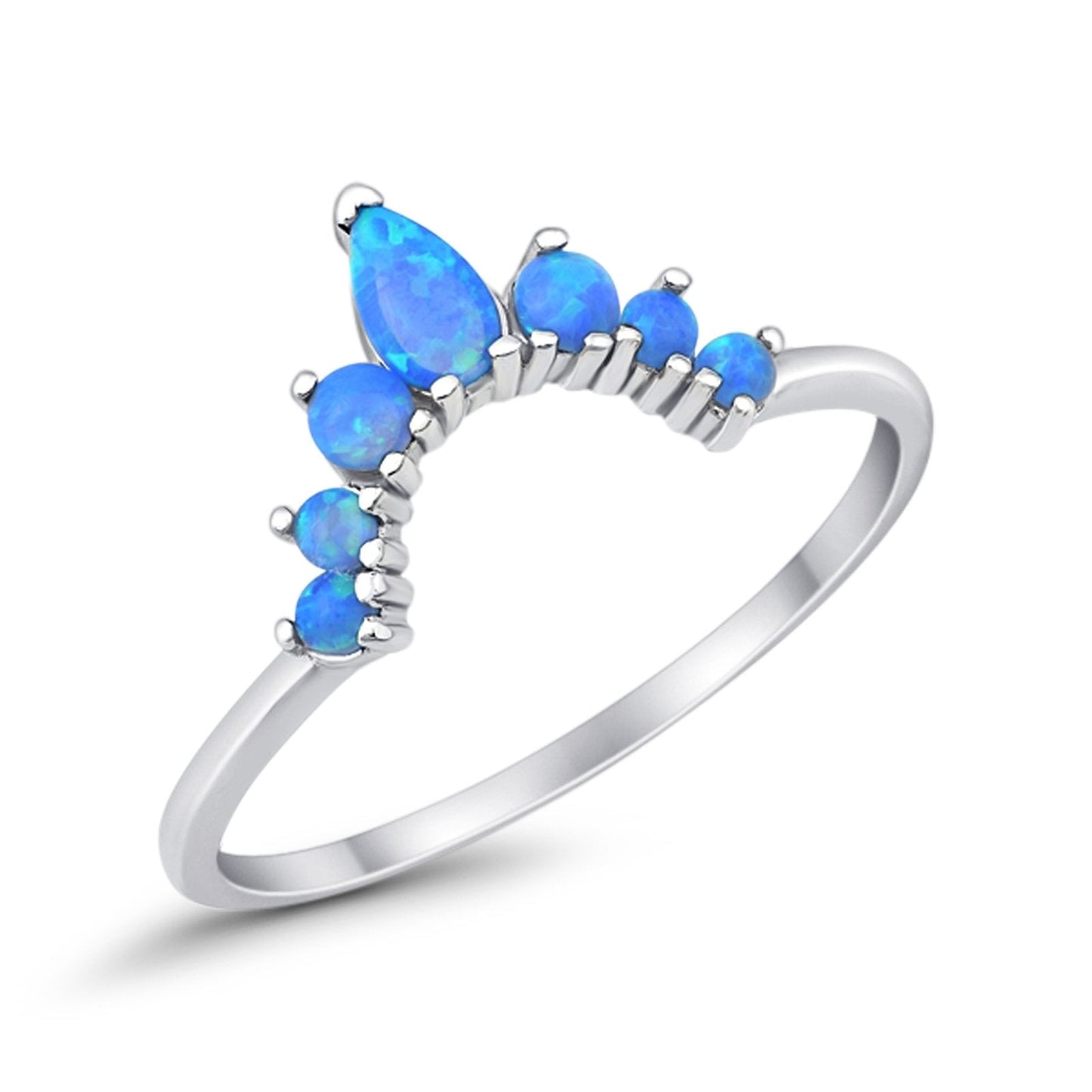 Curved Band Pear Lab Created Blue Opal Round Thumb Ring