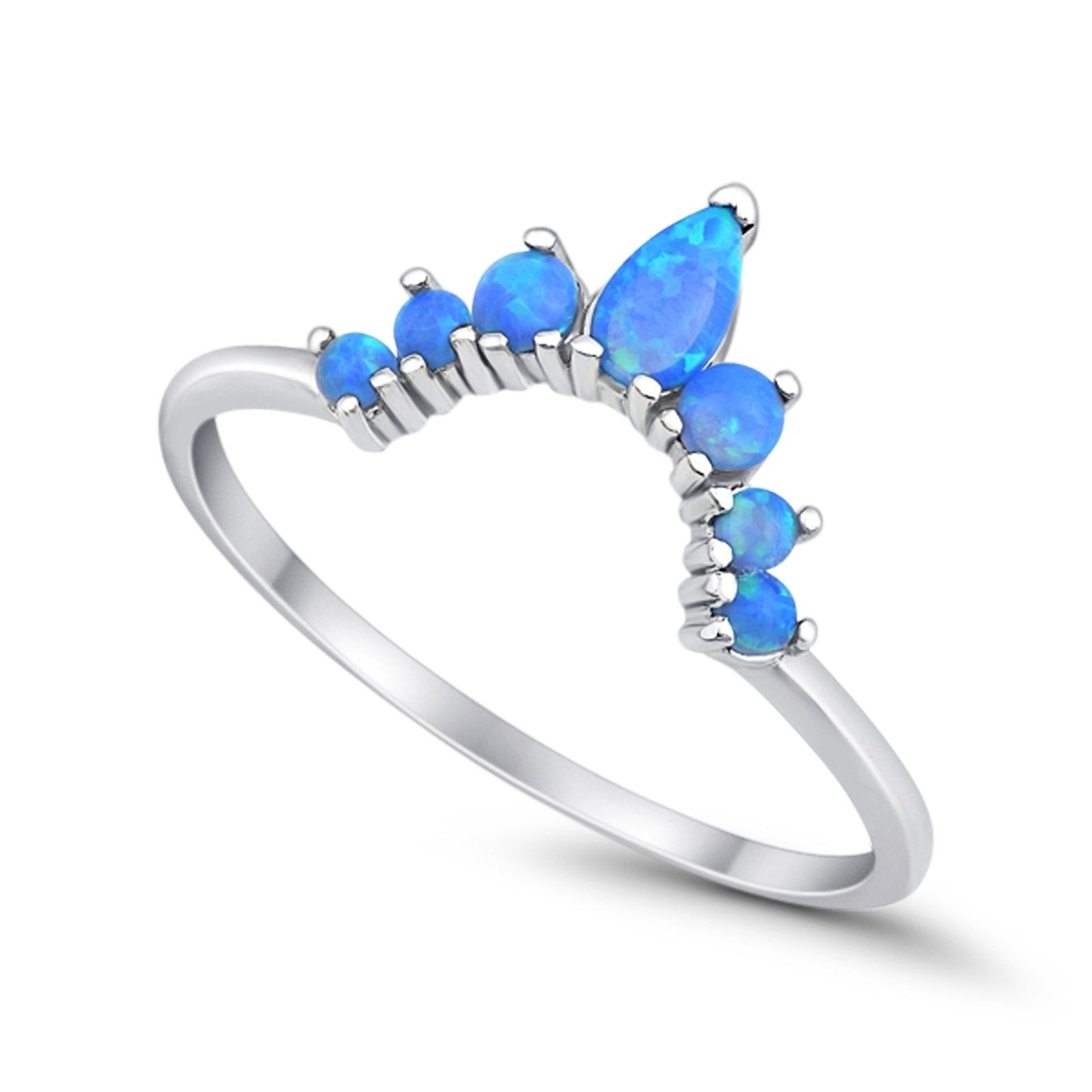 Curved Band Pear Lab Created Blue Opal Round Thumb Ring