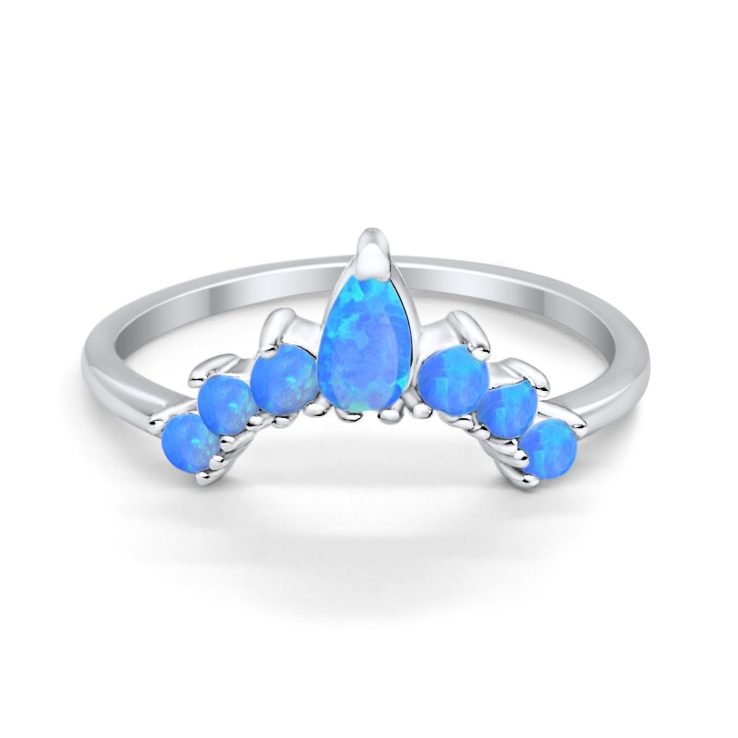 Curved Band Pear Lab Created Blue Opal Round Thumb Ring