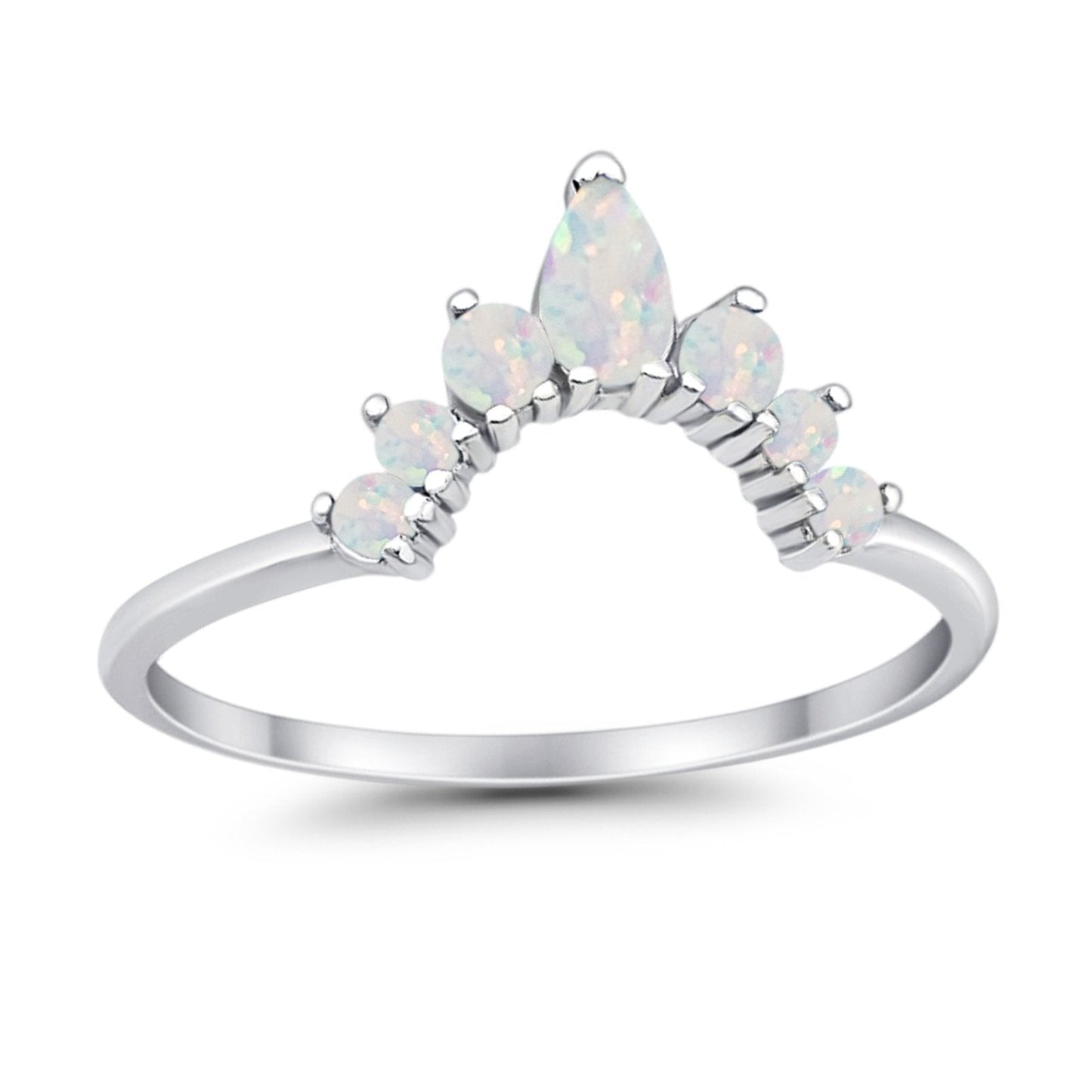 Curved Band Pear Lab Created White Opal Round Thumb Ring