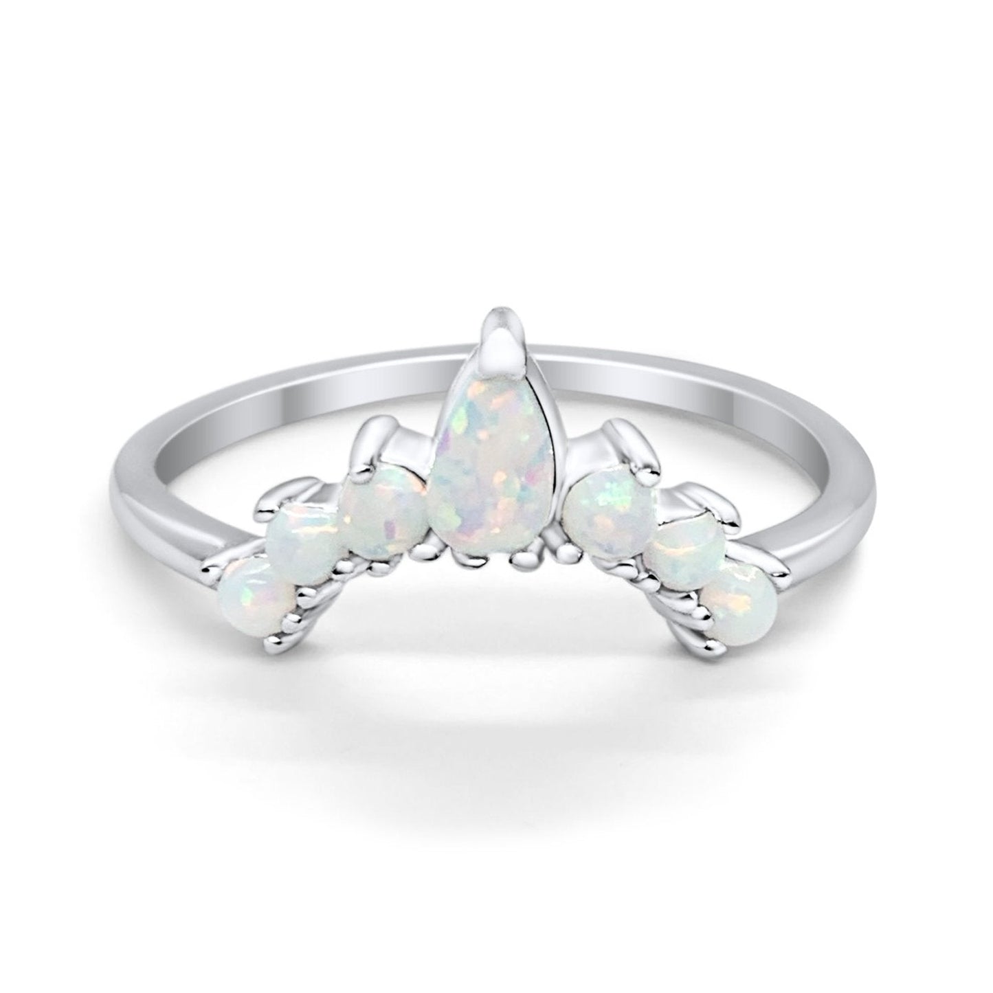 Curved Band Pear Lab Created White Opal Round Thumb Ring