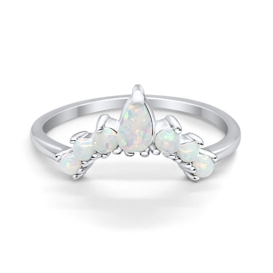 Curved Band Pear Lab Created White Opal Round Thumb Ring