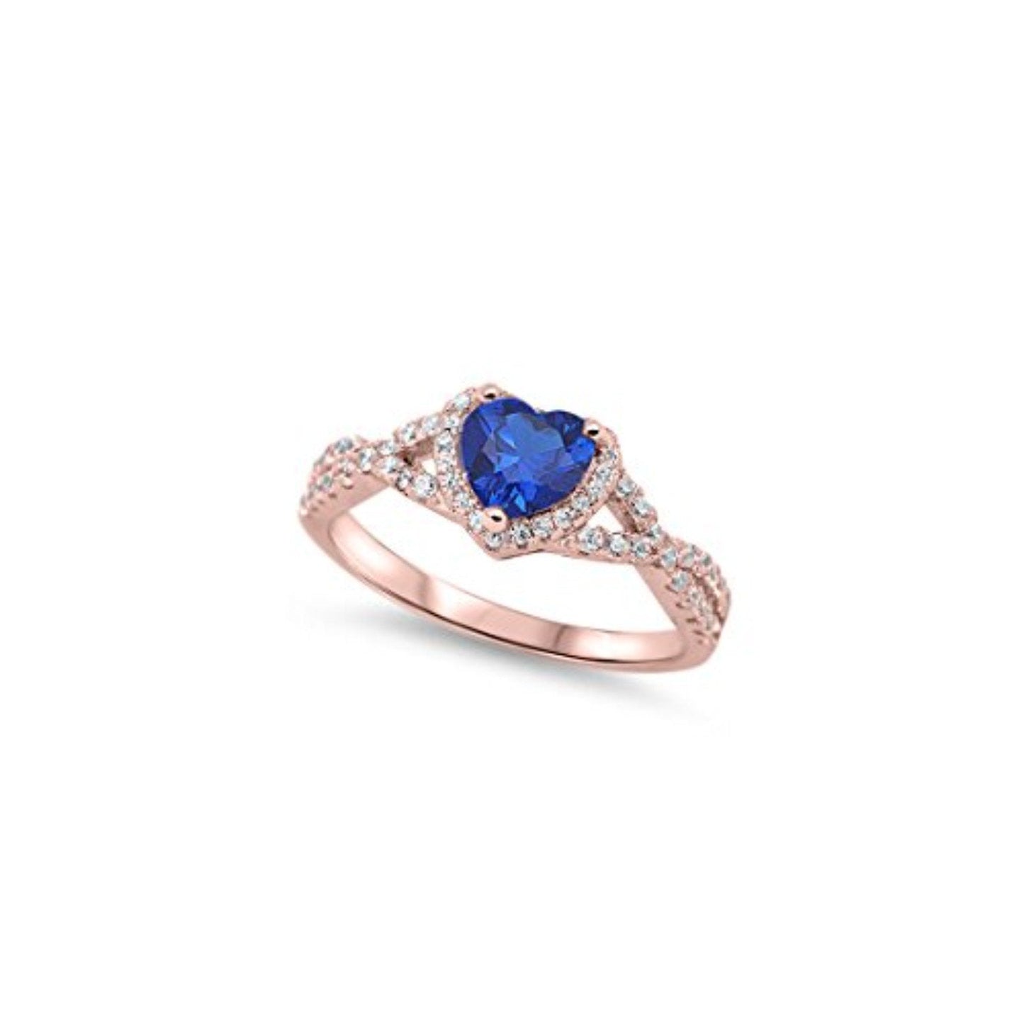 Halo Infinity Shank Rose Tone, Simulated Blue Sapphire CZ Heart Promise Ring