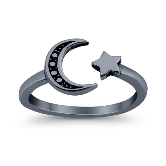 Moon and Star Toe Ring Black Tone Adjustable Band (7mm)