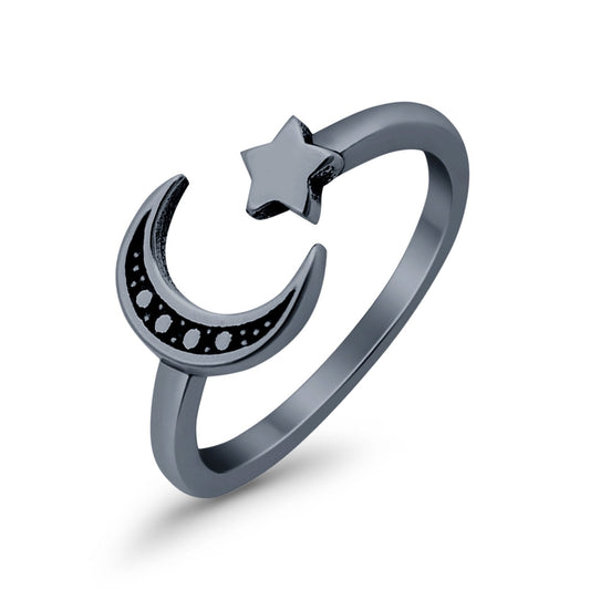 Moon and Star Toe Ring Black Tone Adjustable Band (7mm)