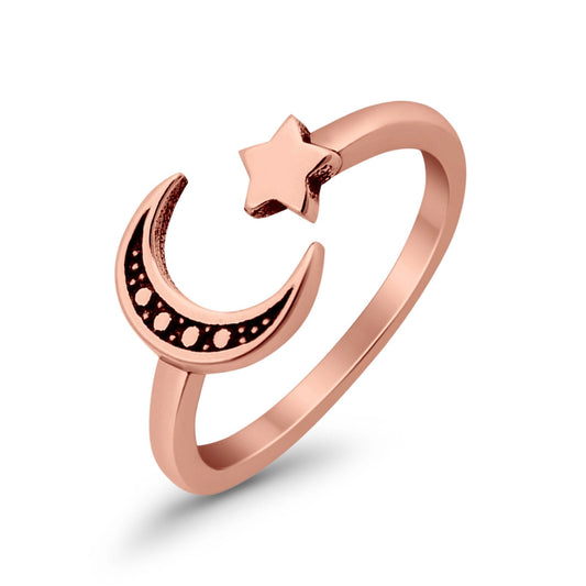 Moon and Star Toe Ring Rose Tone Adjustable Band (7mm)