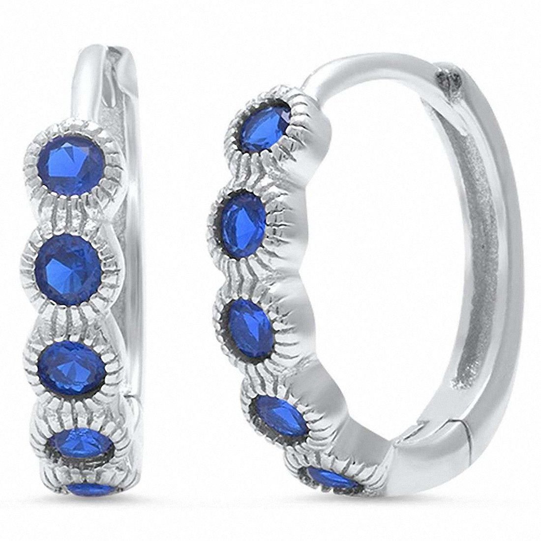 Huggie Hoop Earring Round Bezel Simulated Blue Sapphire CZ Stone