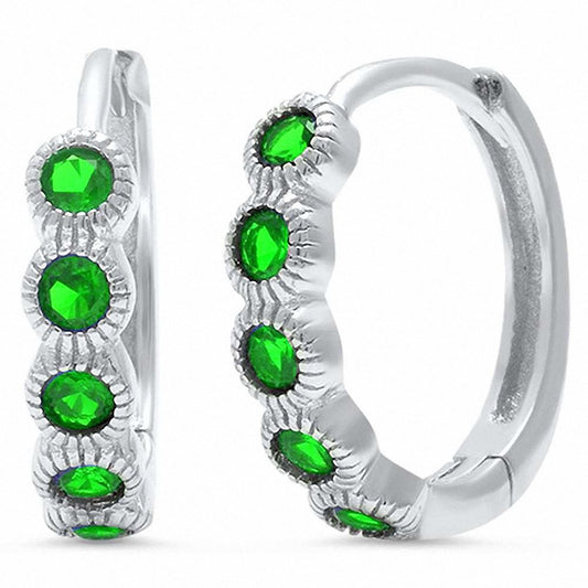 Huggie Hoop Earring Round Bezel Simulated Green Emerald CZ Stone