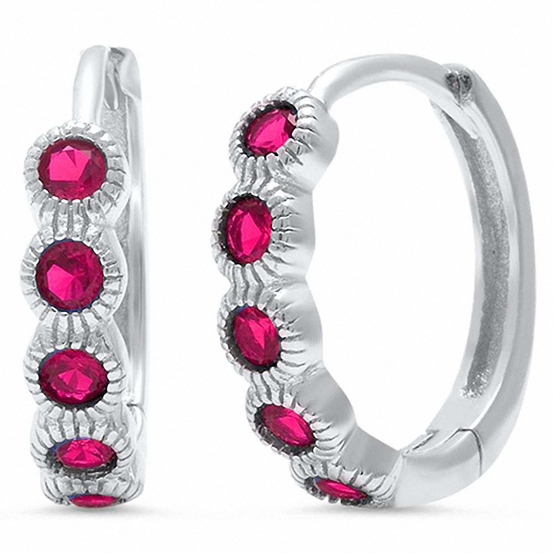 Huggie Hoop Earring Round Bezel Simulated Ruby CZ Stone