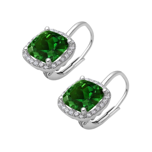 Halo Cushion Leverback Earrings Simulated Green Emerald CZ