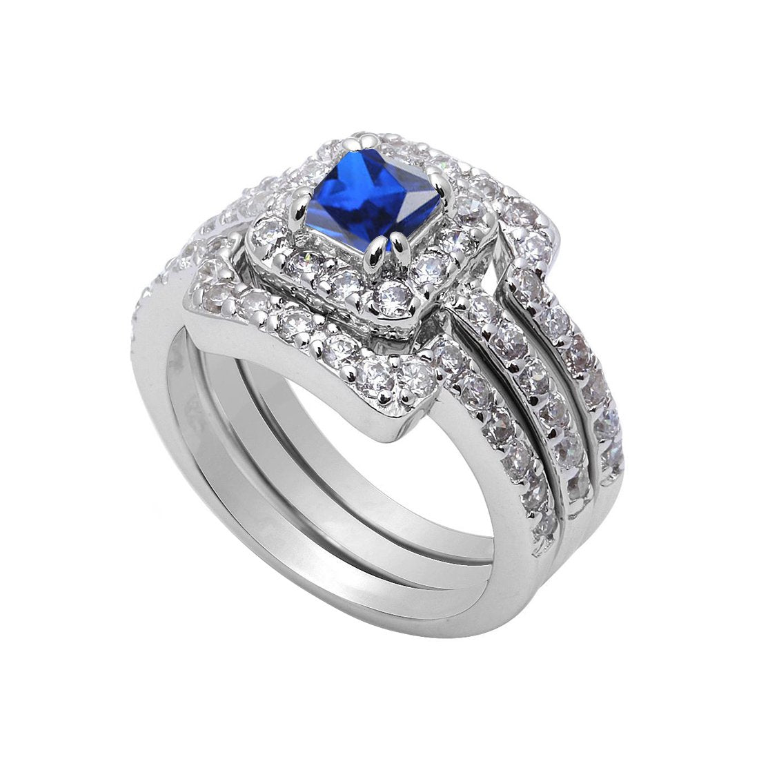 Trio Set Piece Wedding Bridal Ring Band Princess Cut Simulated Blue Sapphire CZ