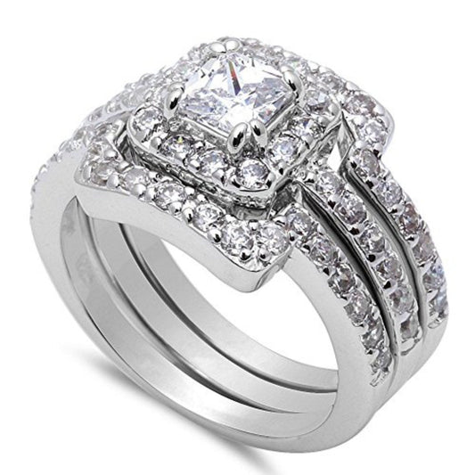 Trio Set Piece Wedding Bridal Ring Band Princess Cut Simulated Cubic Zirconia