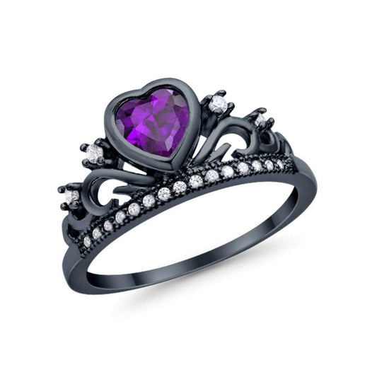 Heart Crown Ring Eternity Black Tone, Simulated Amethyst CZ