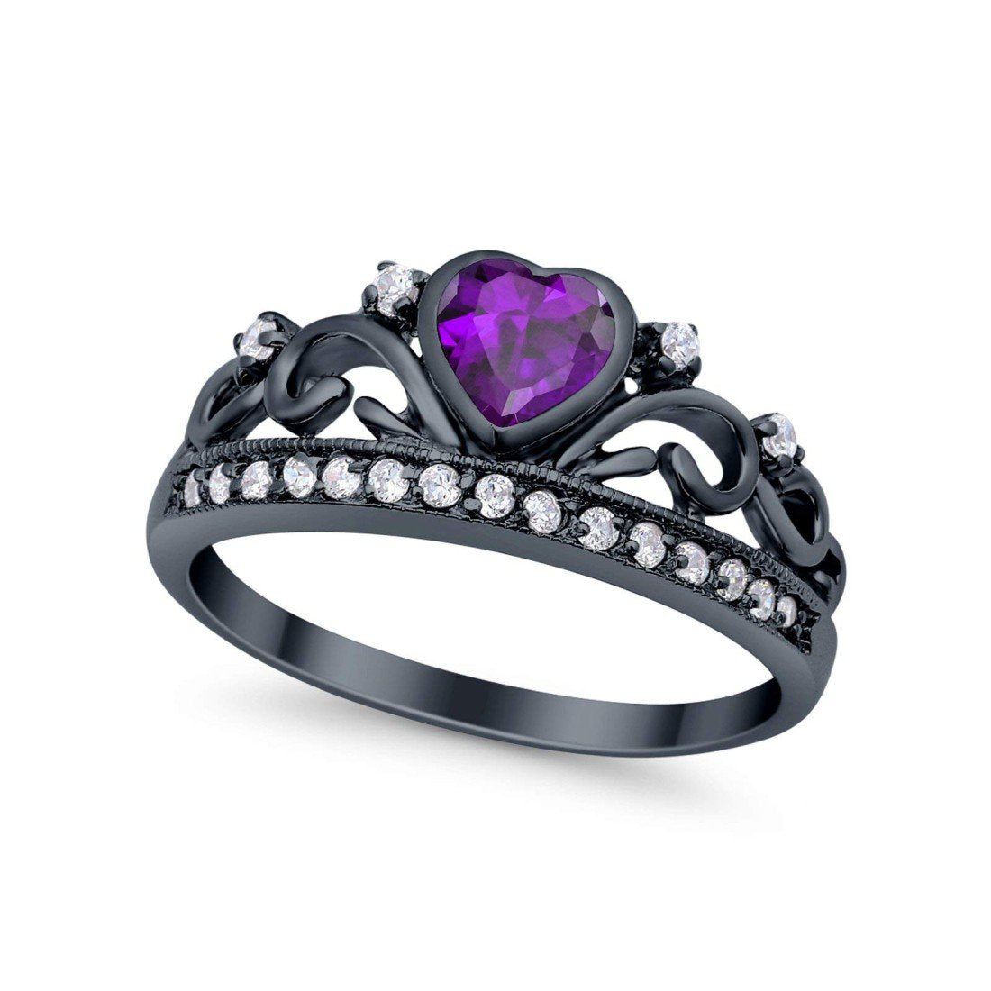 Heart Crown Ring Eternity Black Tone, Simulated Amethyst CZ