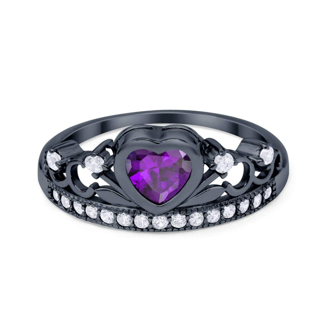 Heart Crown Ring Eternity Black Tone, Simulated Amethyst CZ