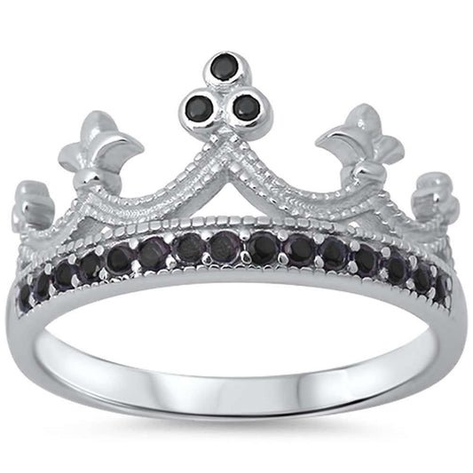 King Crown Ring Round Simulated Black CZ Half Eternity