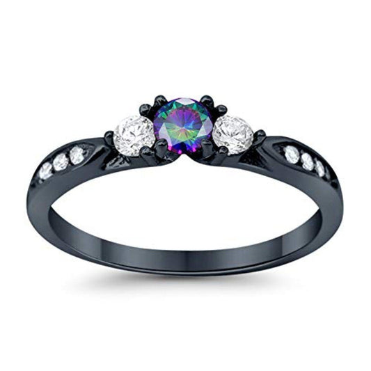 3-Stone Engagement Promise Ring Black Tone, Simulated Rainbow CZ