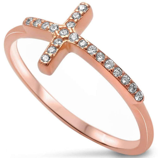 Sideways Cross Ring Rose Tone,Simulated Cubic Zirconia