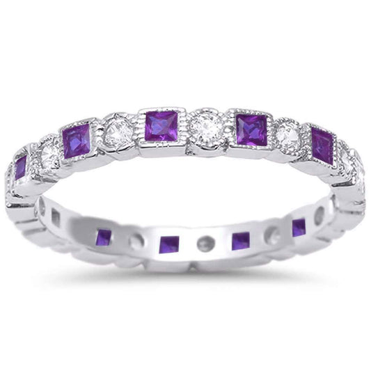 Bezel Set Full Eternity Ring Alternating Round Simulated Amethyst CZ