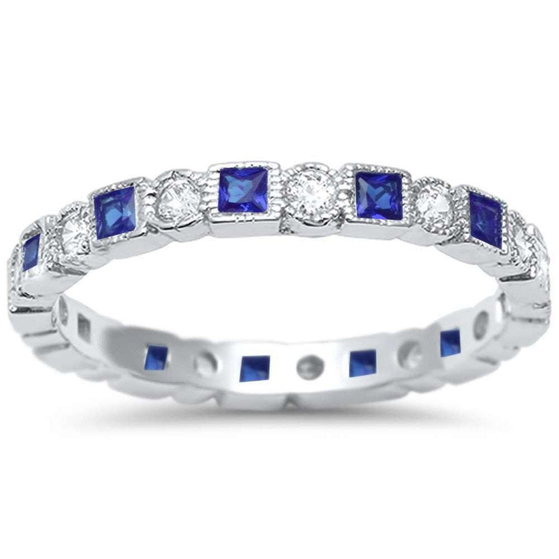 Bezel Set Full Eternity Ring Alternating Round Simulated Blue Sapphire CZ