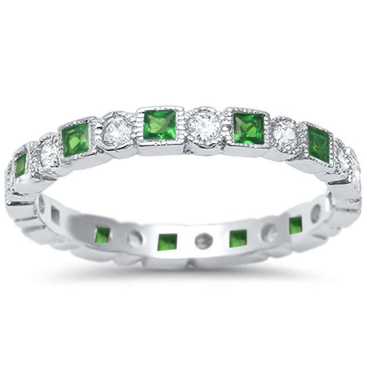 Bezel Set Full Eternity Ring Alternating Round Simulated Green Emerald CZ