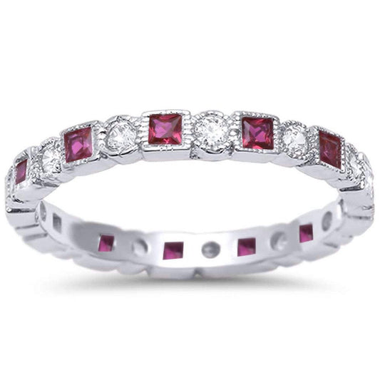 Bezel Set Full Eternity Ring Alternating Round Simulated Ruby CZ