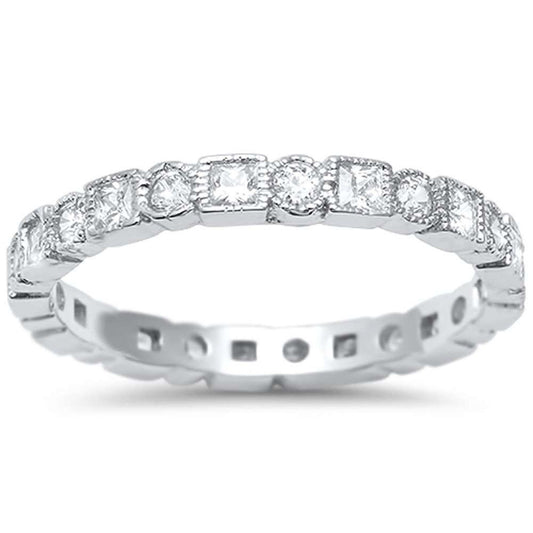 Bezel Set Full Eternity Ring Alternating Round Simulated Cubic Zirconia