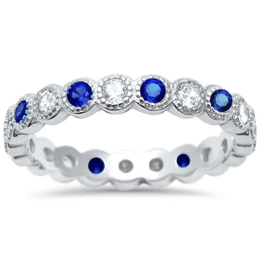 Bezel Set Full Eternity Ring Round Simulated Blue Sapphire CZ