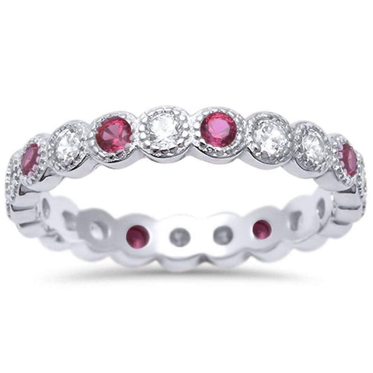 Bezel Set Full Eternity Ring Round Simulated Ruby CZ